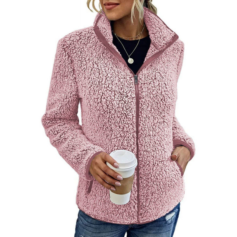 Damen flauschige Fleecejacke mit hohem Kragen und seitlichen Taschen Amawinc