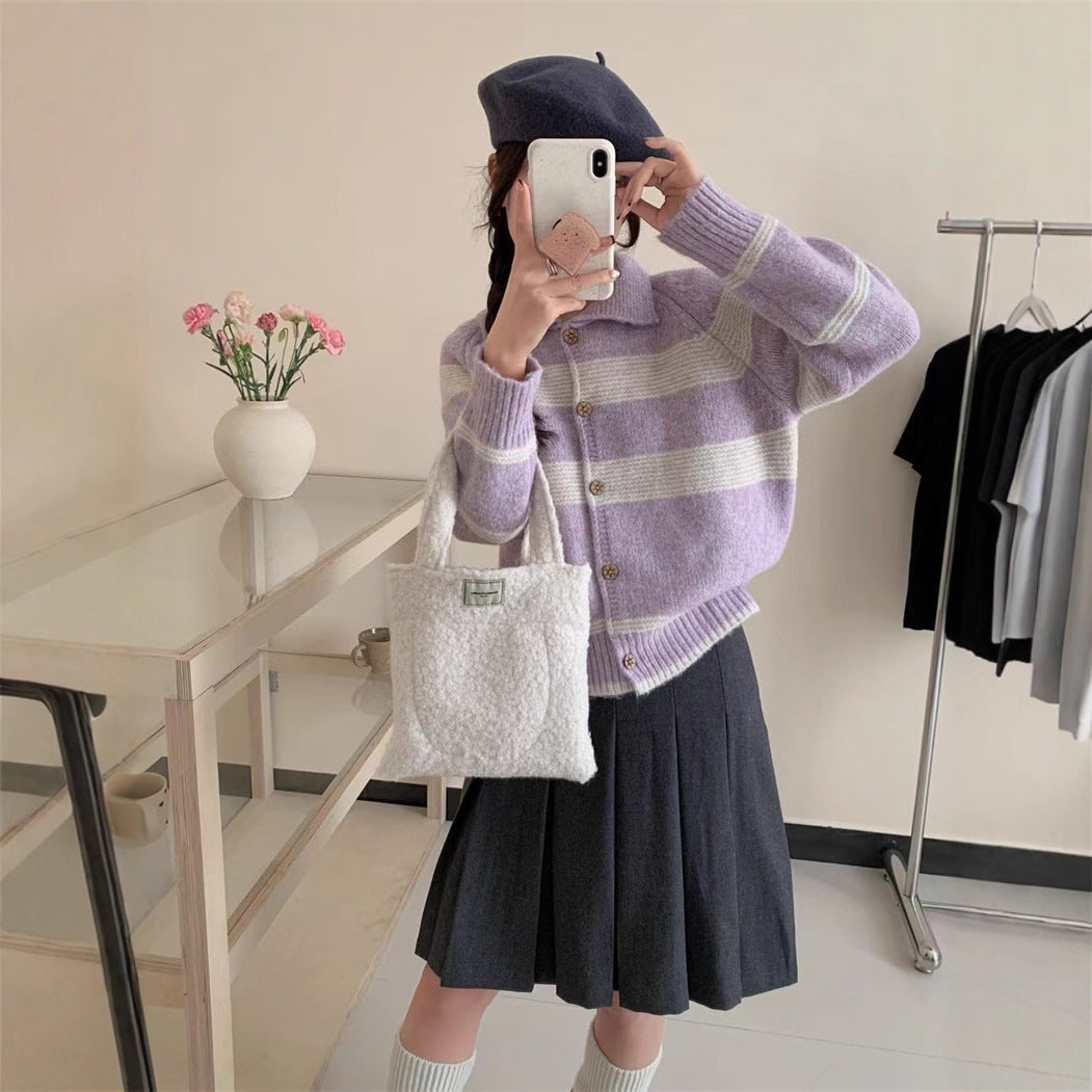 Damen Strickjacke mit charakteristischem Kragen und modischen Blockstreifen Amawinc