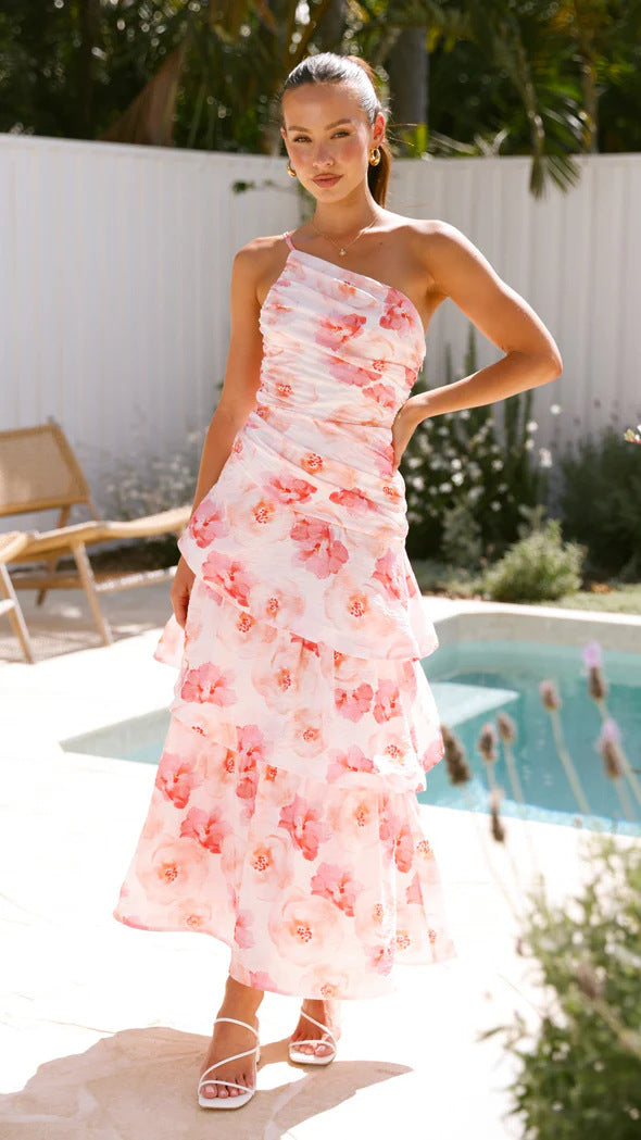 Amawinc Robe Maxi À Une Épaule Avec Corsage Froncé Et Jupe Évasée En Couches Pour Été Élégant Et Festif