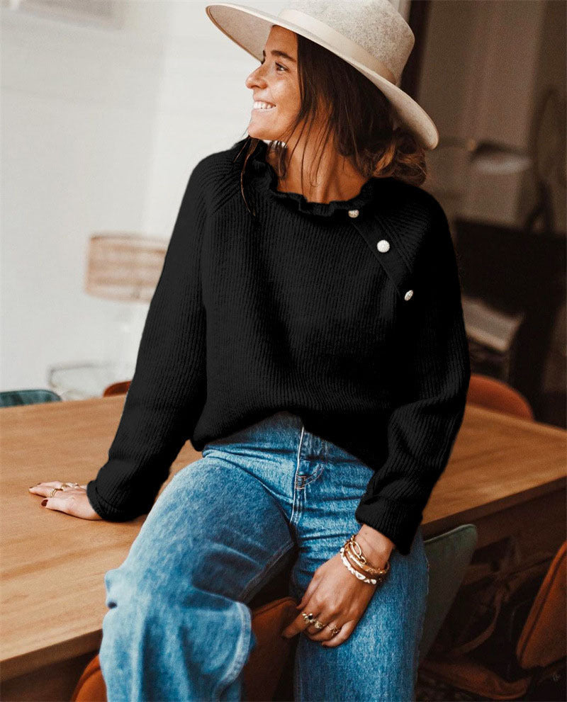 Pull En Maille Pour Femme Mélange De Laine Coupe Décontractée Col Volant Manches Longues