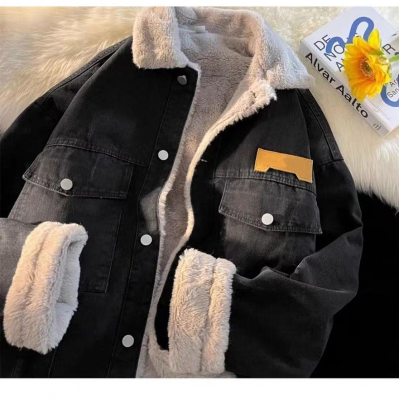 Damen oversized Jeansjacke mit Innenfutter aus Teddyfell Amawinc