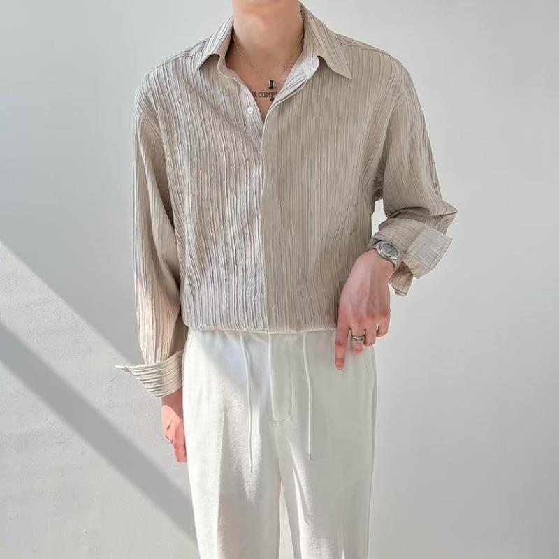Chemise Homme Manches Longues À Texture Fripée Confort Décontracté Respirante En Coton 100 Pour Cent
