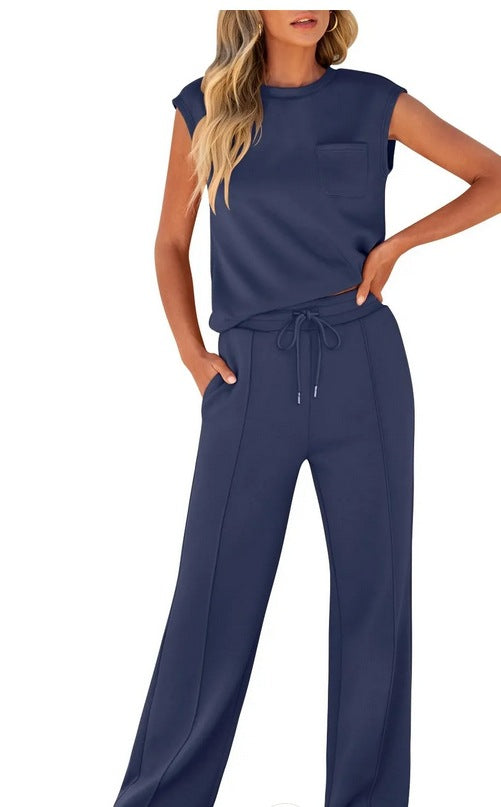 Ensemble Deux Pièces Femme Haut Sans Manches Coupe Ample Tissu Léger Respirant Taille Avec Cordon
