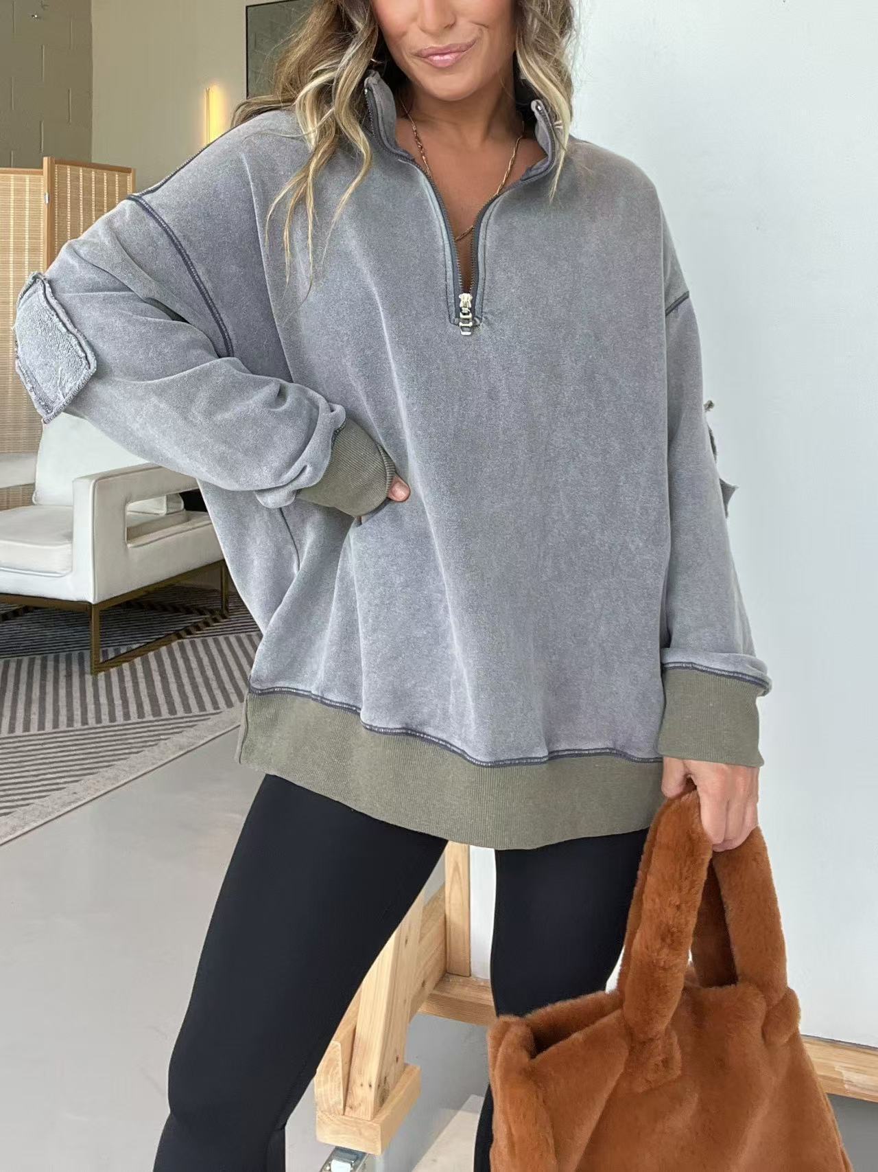 Damen Bequemer Fleece-Pullover mit halbem Reißverschluss Amawinc