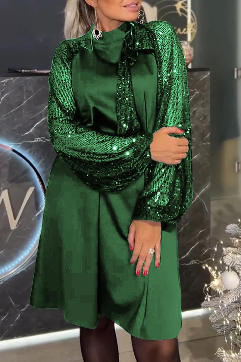 Damen Elegantes Kleid mit glitzernden Ärmeln und festlichem Kragen Amawinc