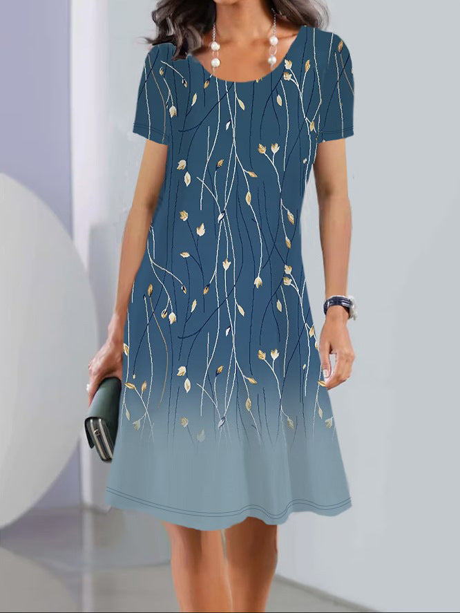 Robe A Line Femme Imprimé Fleuri Manche Courte Tissu Coton Confortable Longueur Genou Idéale Été Décontractée