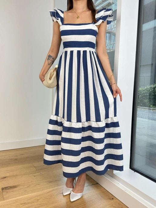 Robe Midi Femme En Mélange De Coton Rayée À Épaules Dénudées Manches Volantées Décontractée