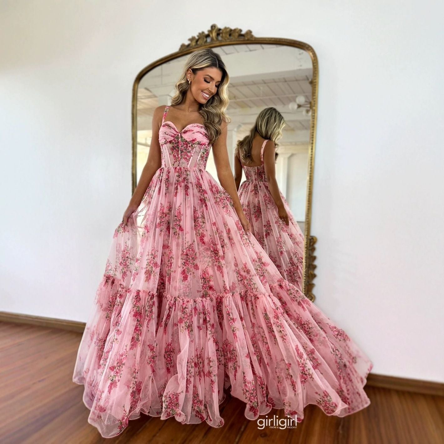 Damen Maxikleid mit floralem Tüll und voluminösem Rock Amawinc