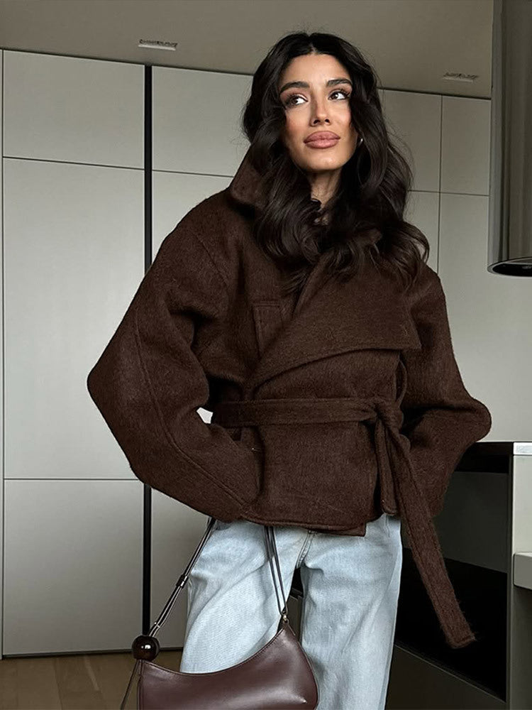 Damen elegante Oversized-Wolljacke mit Gürtel Amawinc