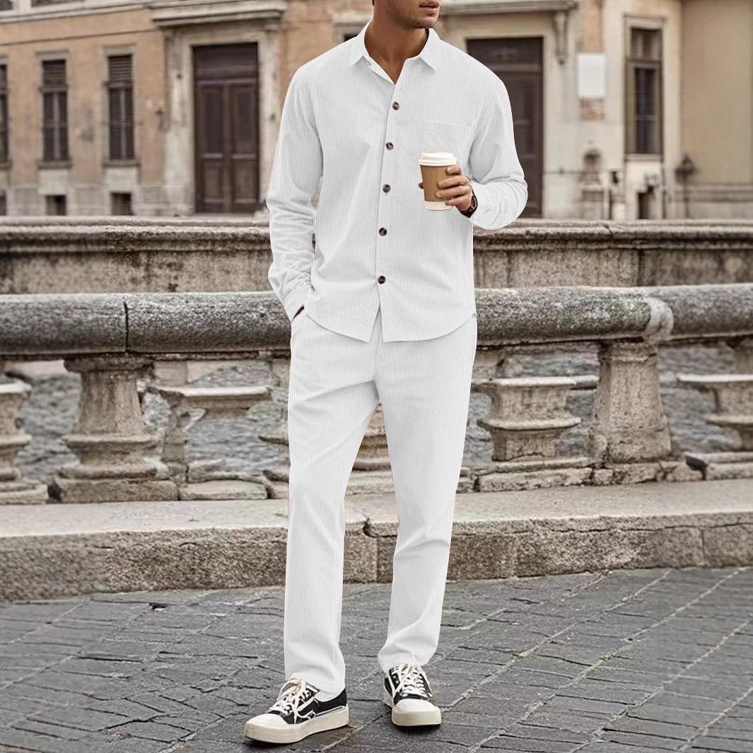 Ensemble Chemise Et Pantalon Homme En Velours Côtelé Décontracté Fermeture Boutons Style Nordique Casual