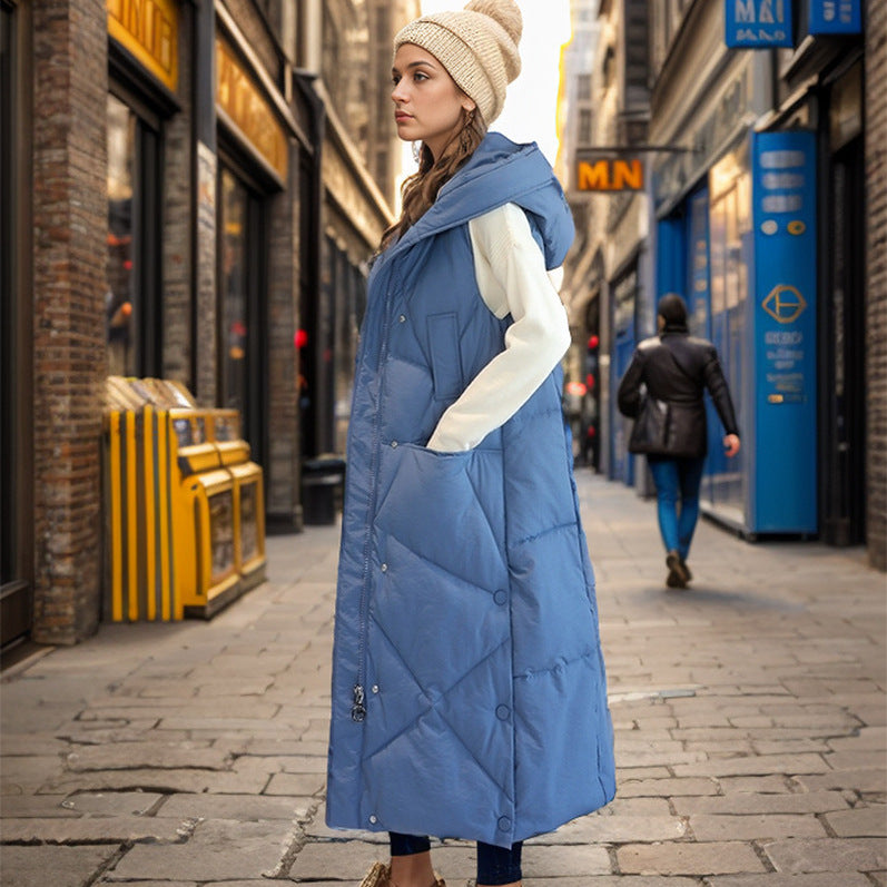 Damen gesteppte lange Weste mit isolierender Kapuze und praktischen Taschen Amawinc