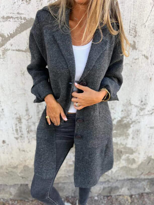 Manteau Midi Femme Coupe Décontractée Aspect Laine Col Revers Simple Boutonnage Amawinc