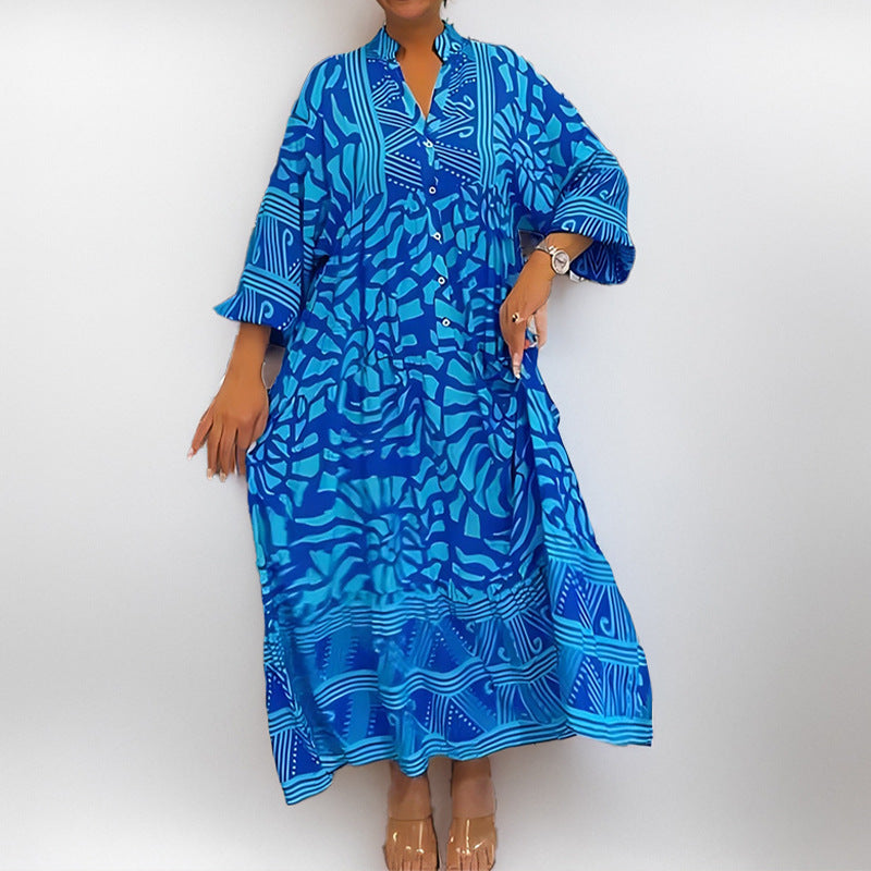Robe Midi Femme Coupe Ample Tissu Léger Bouton Fermeture Imprimée Motif Vacances Manches Retroussées