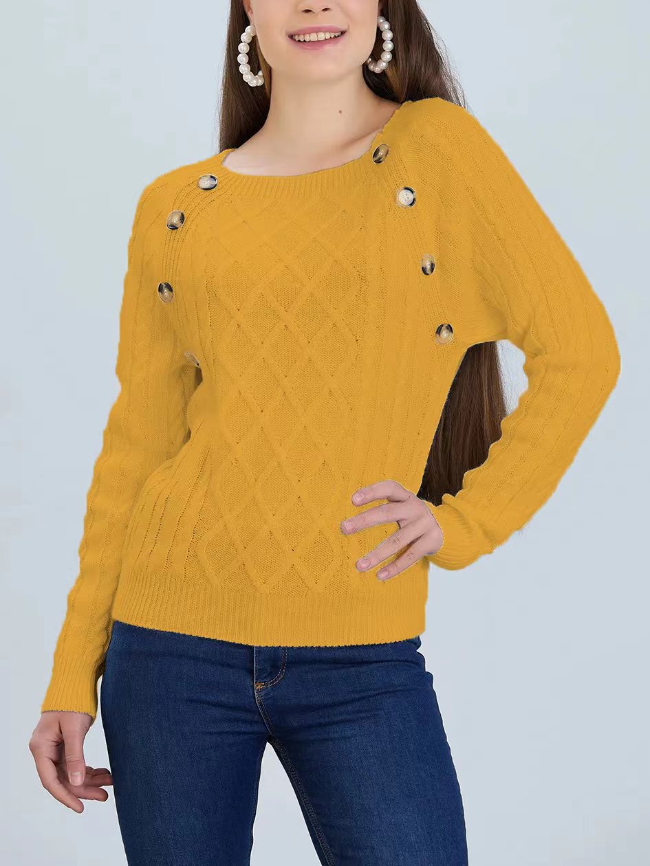 Damen Strickpullover mit klassischem Rautenmuster und dekorativen Knöpfen Amawinc