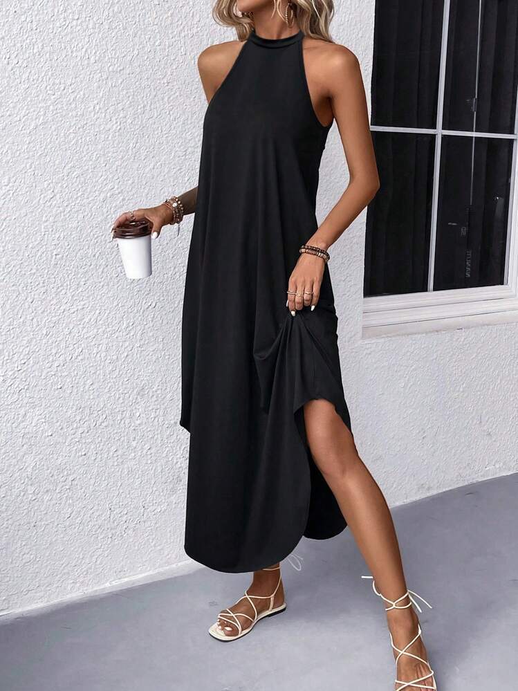 Damen lässiges Sommermaxikleid mit elegantem Halternetz und praktischen Taschen Amawinc