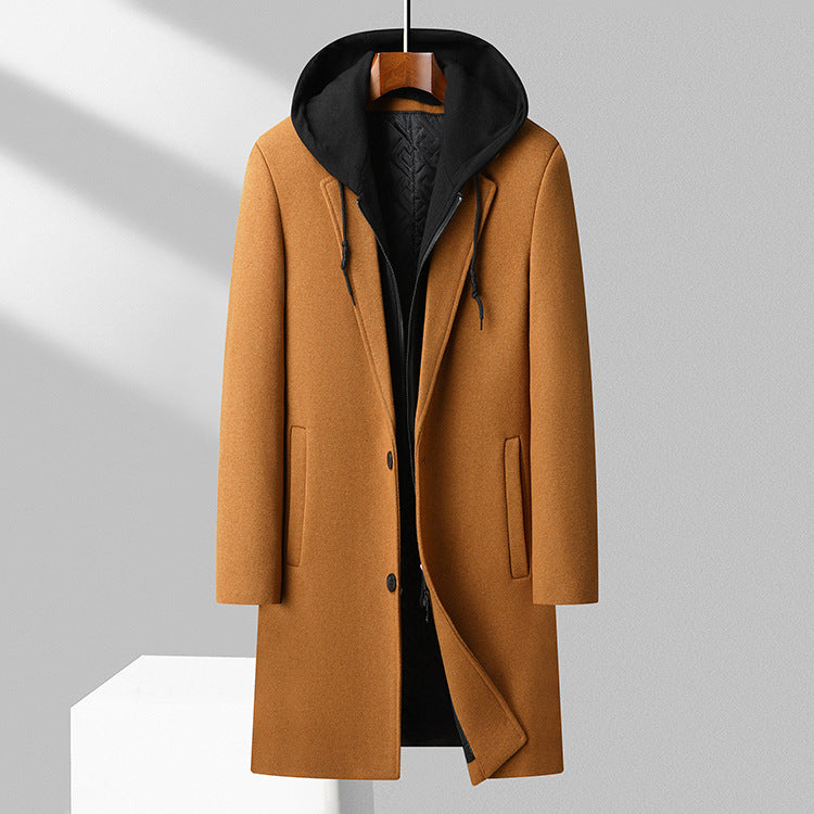 Manteau Long Pour Homme En Mélange De Laine À Capuche Avec Boutons Devant Classique Pour L Hiver