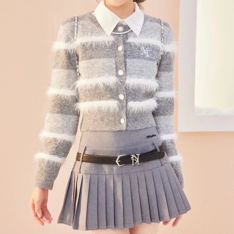 Damen Strickjacke mit breiten Streifenmuster und eleganten Knopfdetail Amawinc