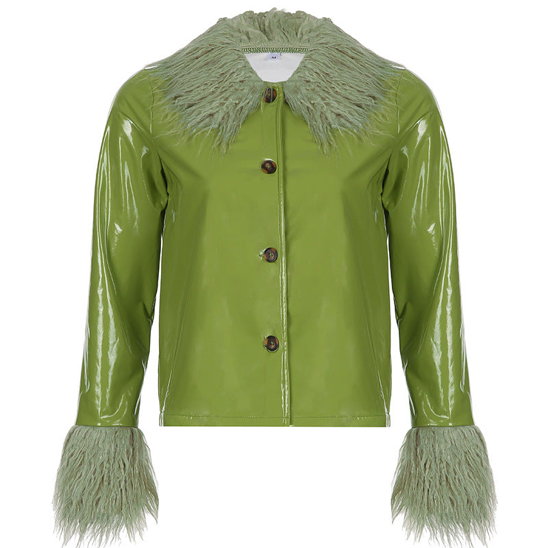 Damen modischer Lackmantel mit kuscheligem Kunstfellkragen Amawinc