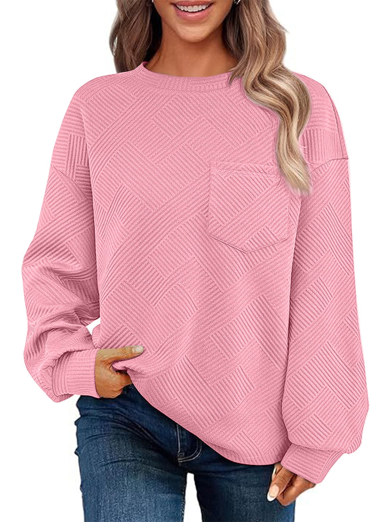 Damen Lässiger Pullover mit strukturiertem Muster und praktischen Taschen Amawinc