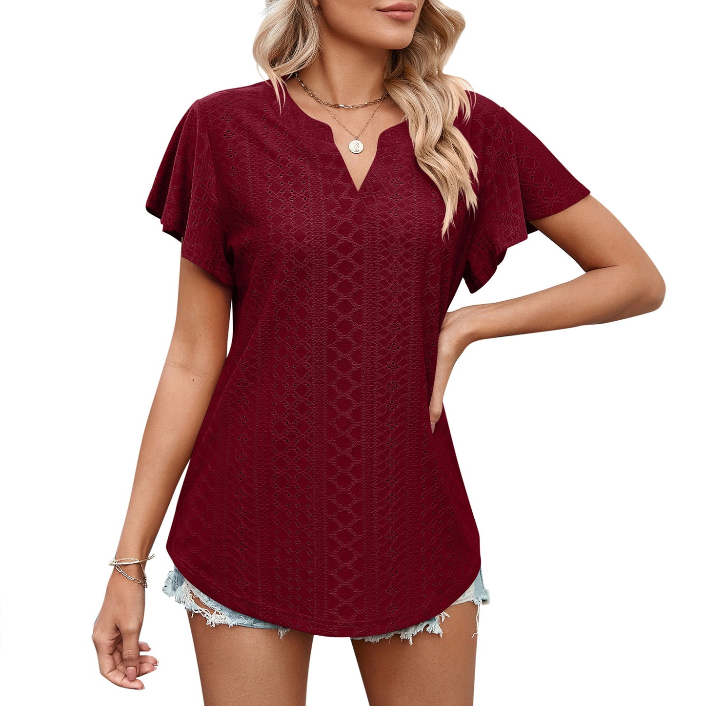 Damen Luftiges Blusenshirt mit effektvollem Lochmuster Amawinc