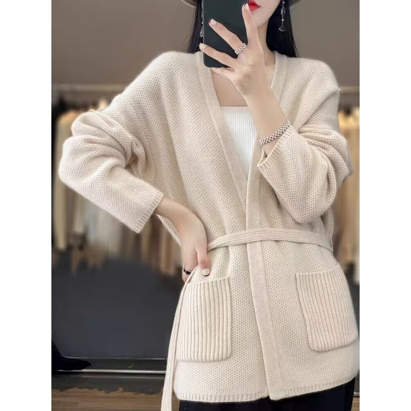 Damen bequeme Strickjacke mit Taillengürtel und Taschen Amawinc