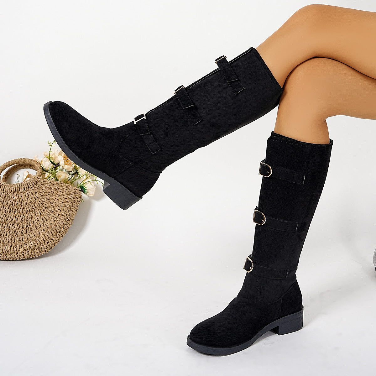 Damen Modische Stiefel mit dekorativen Schnallen und komfortablem Blockabsatz Amawinc