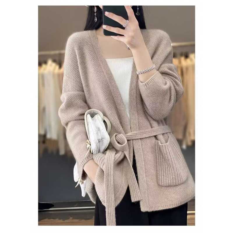 Damen bequeme Strickjacke mit Taillengürtel und Taschen Amawinc