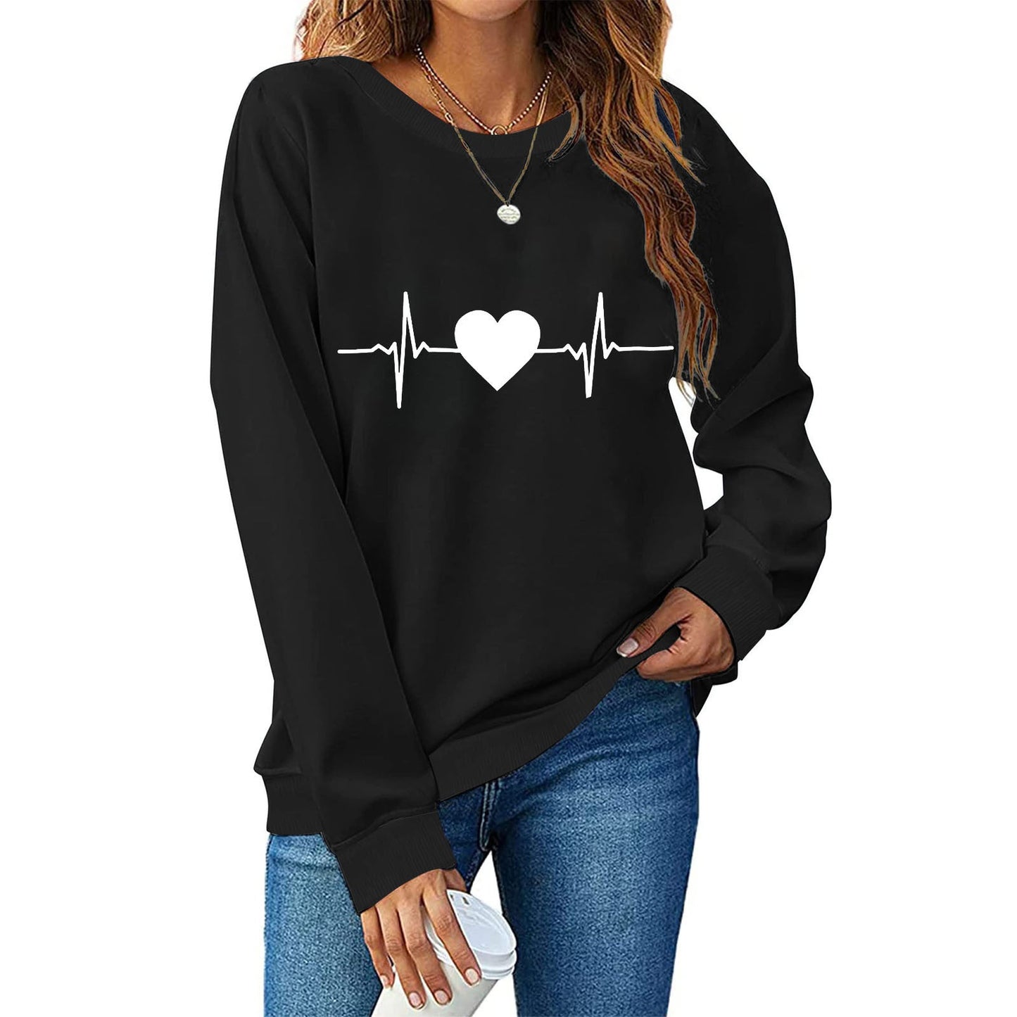 Damen Sweatshirt mit kreativem Herzschlag-Design Amawinc