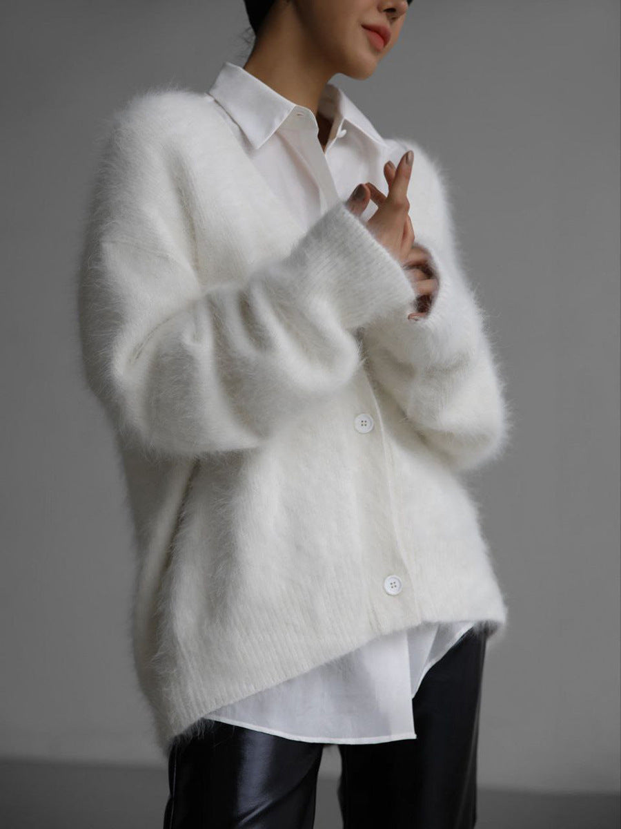 Cardigan Femme Oversize Décontracté En Mélange Mohair Doux Et Pelucheux Avec Fermeture À Boutons