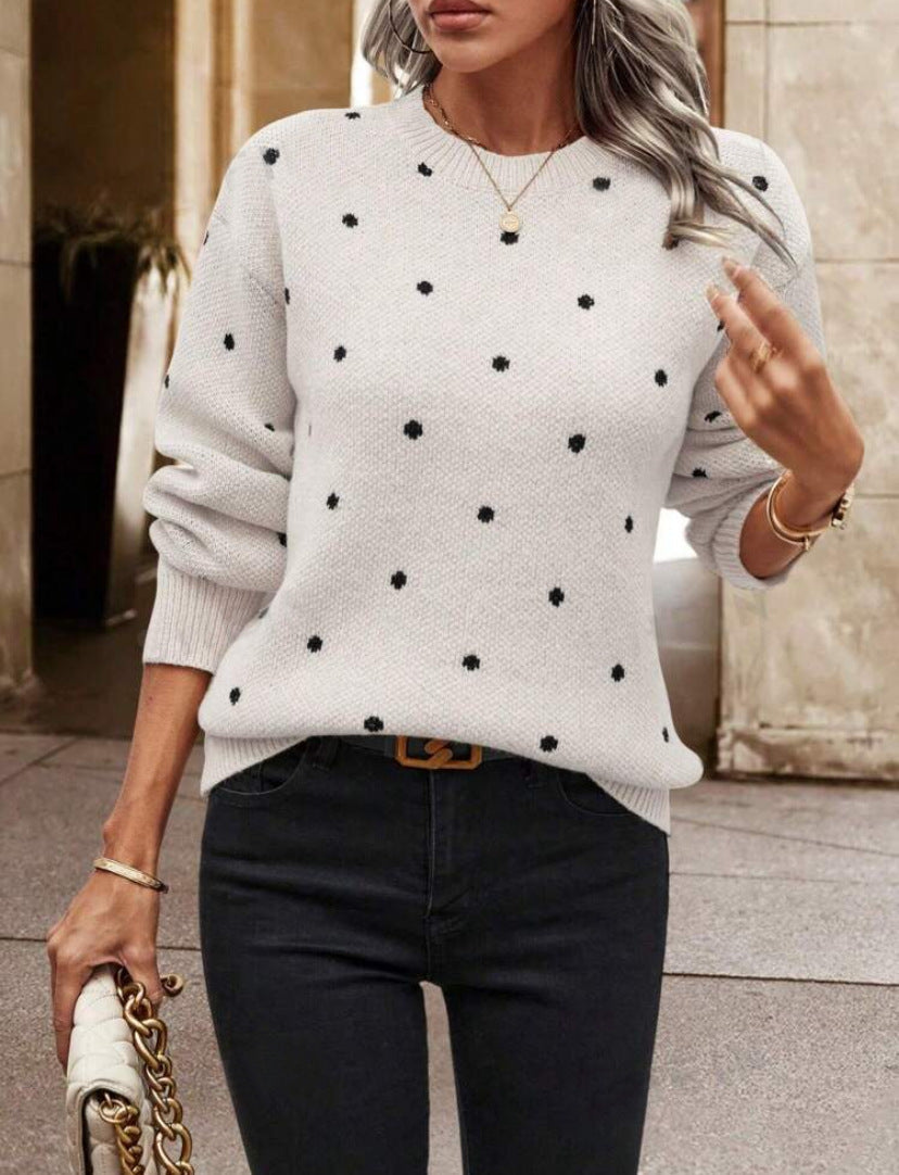 Amawinc Pull En Maille Femme Coupe Décontractée Motif Pois Col Rond Manches Longues Élégance Quotidienne