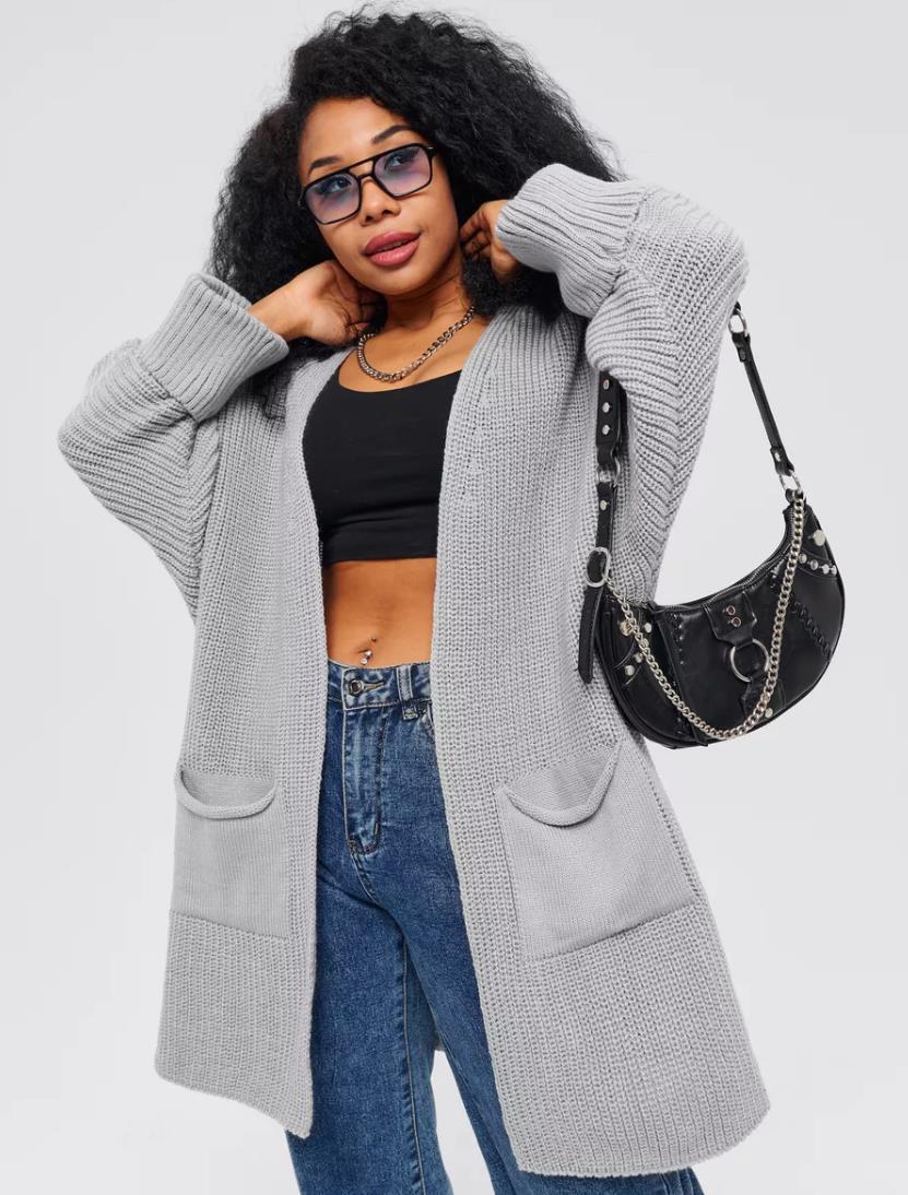 Cardigan Tricot Pour Femme Oversize En Mélange De Laine Ouvert Devant Avec Manches Côtelées