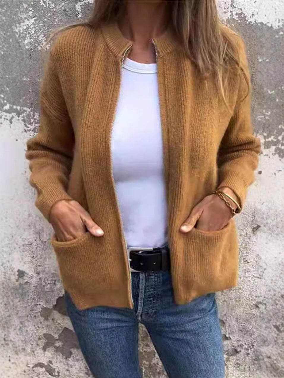 Veste Femme En Maille Côtelée Coupe Ample Col Montant Fermeture Éclair Devant Poches Décontractées