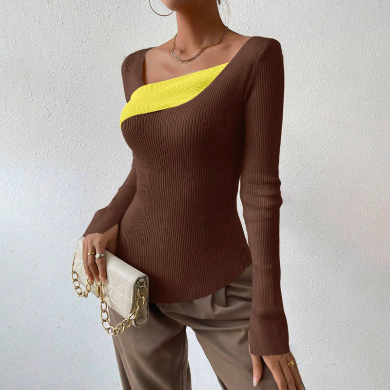 Pull Femme En Maille À Côtes Ajusté Col Asymétrique Manches Longues Confortable Élégant Pour Toutes Saisons