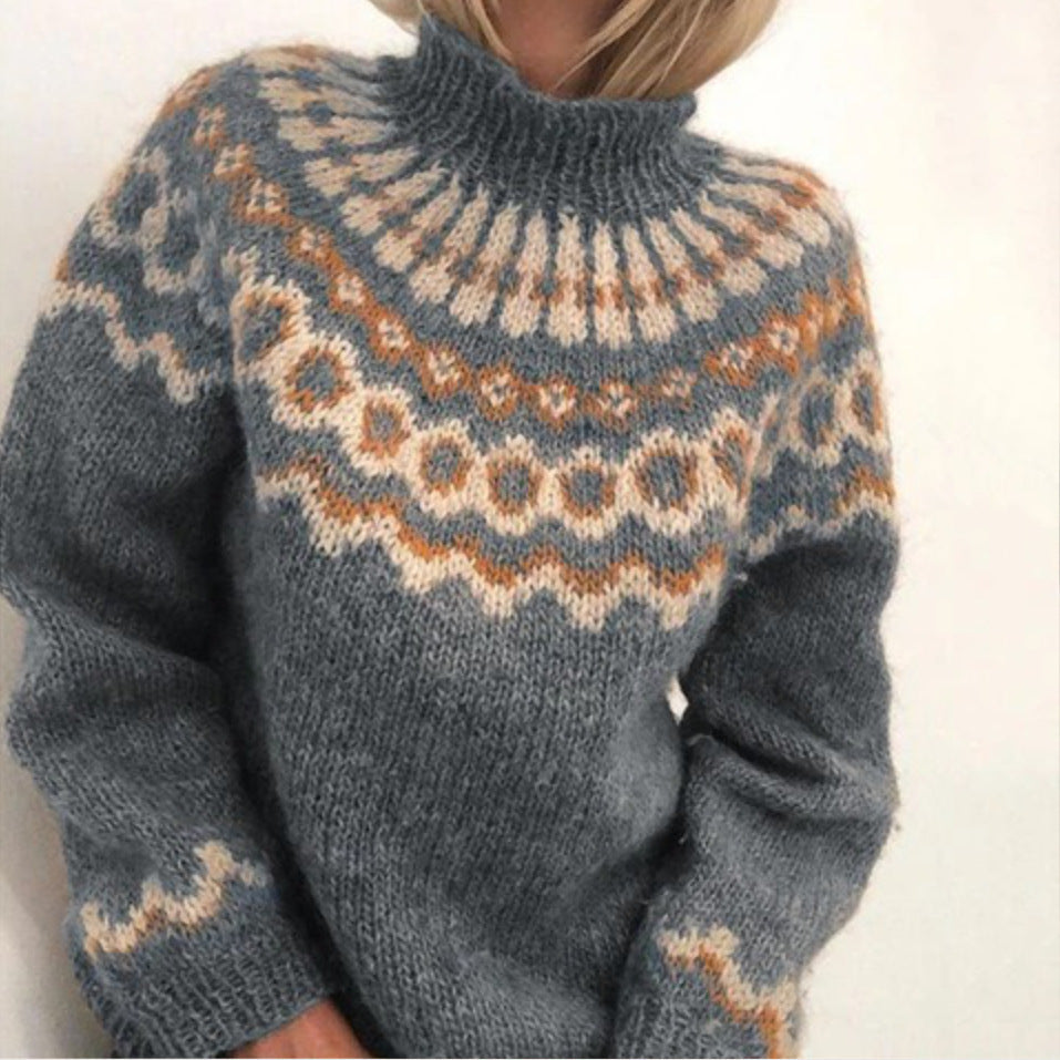 Damen Kuscheliger Strickpullover mit außergewöhnlichem Norweger-Muster Amawinc