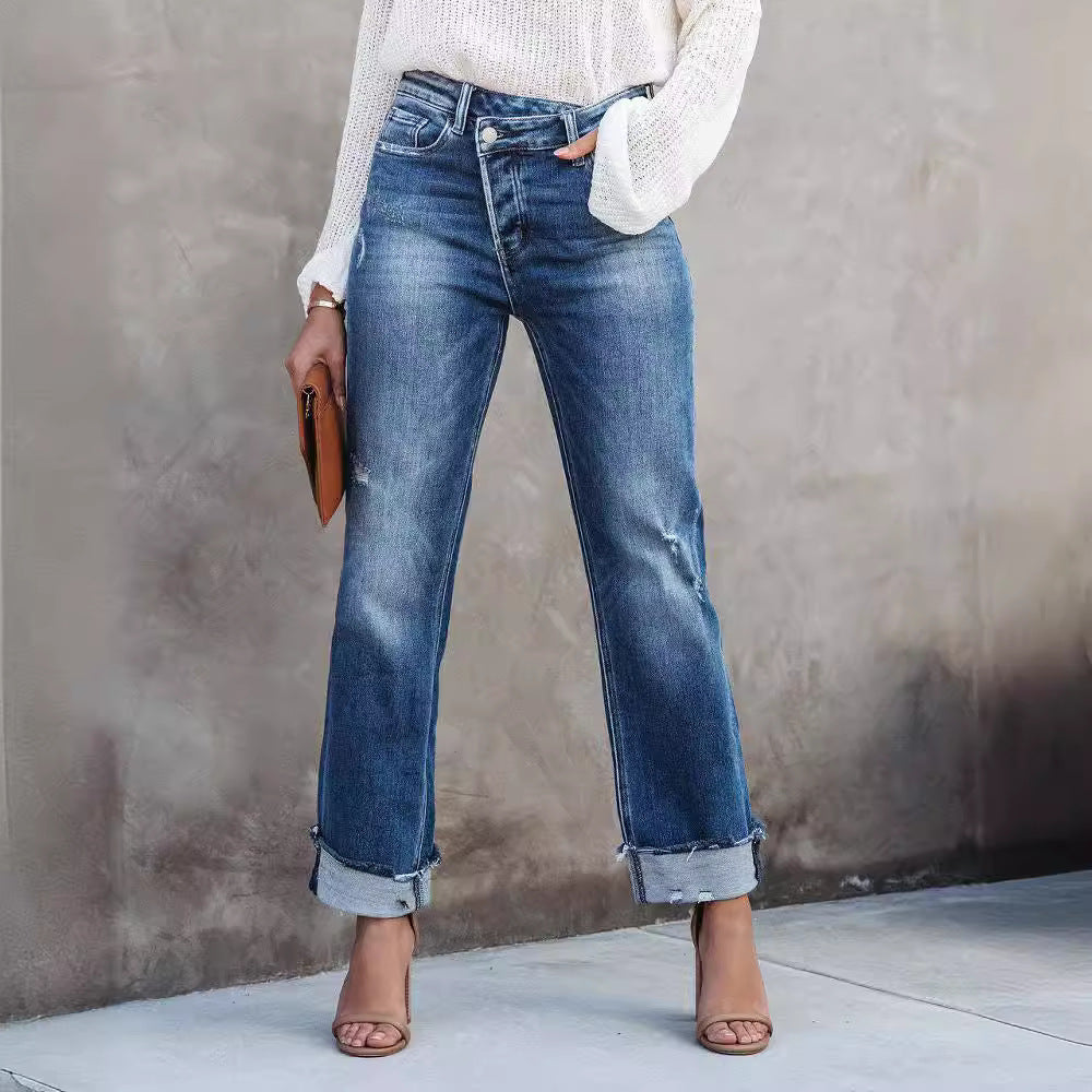 Damen lässige Flared Jeans mit modischen Fransen und hohem Bund Amawinc