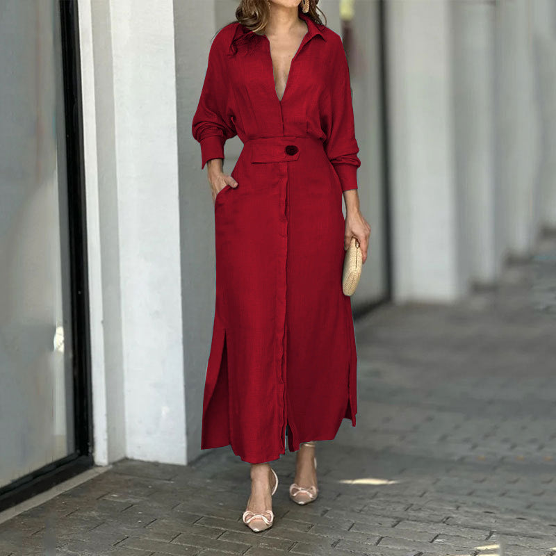 Damen Maxikleid aus leichtem Leinen mit eleganter Knopfleiste und praktischen Seitenschlitzen Amawinc