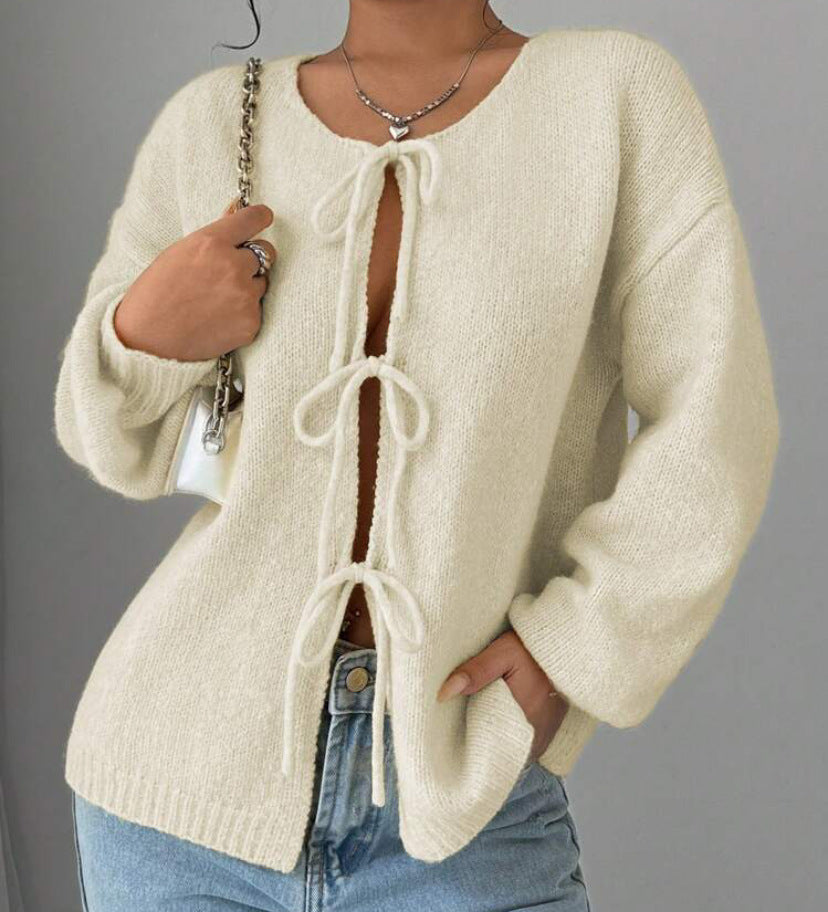 Damen Oversized Strickpullover mit dekorativem Schnürdetail Amawinc