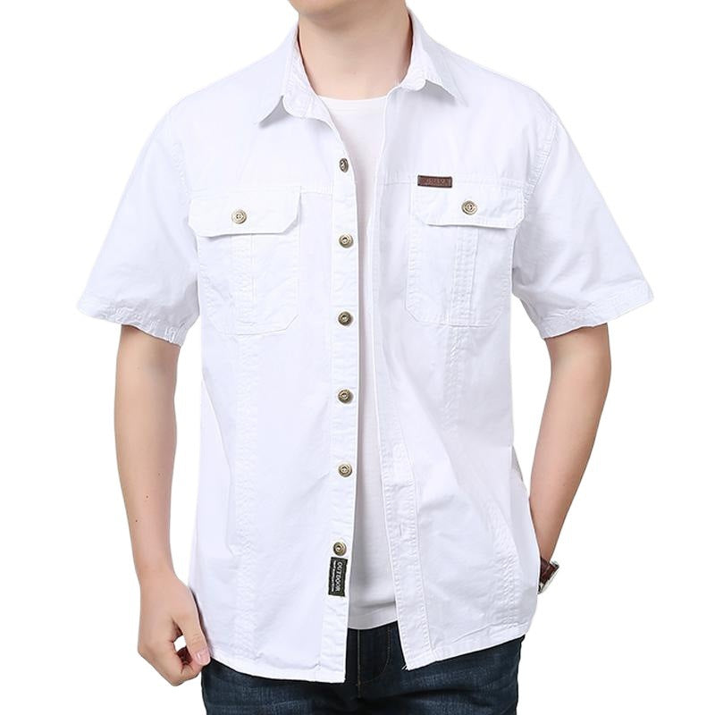 Chemise Pour Homme Coupe Décontractée Manches Courtes En Mélange De Coton À Fermeture À Boutons Avec Poches Poitrine