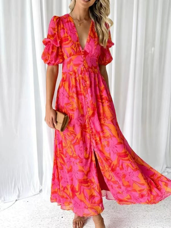 Damen Maxikleid mit Blumenmuster und V-Ausschnitt Amawinc