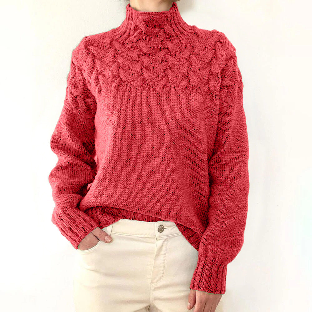 Damen Strickpullover mit hochgeschlossenem Kragen und trendigem Zopfmuster Amawinc