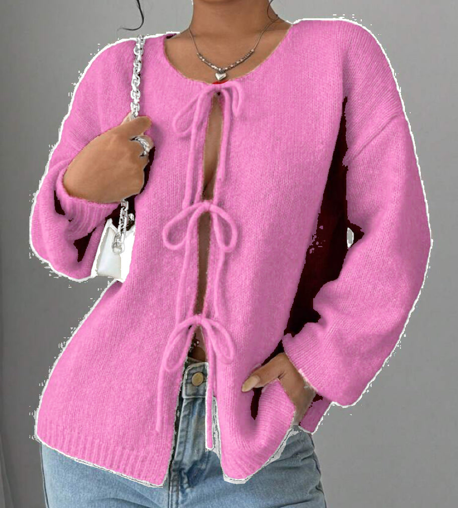 Damen Oversized Strickpullover mit dekorativem Schnürdetail Amawinc