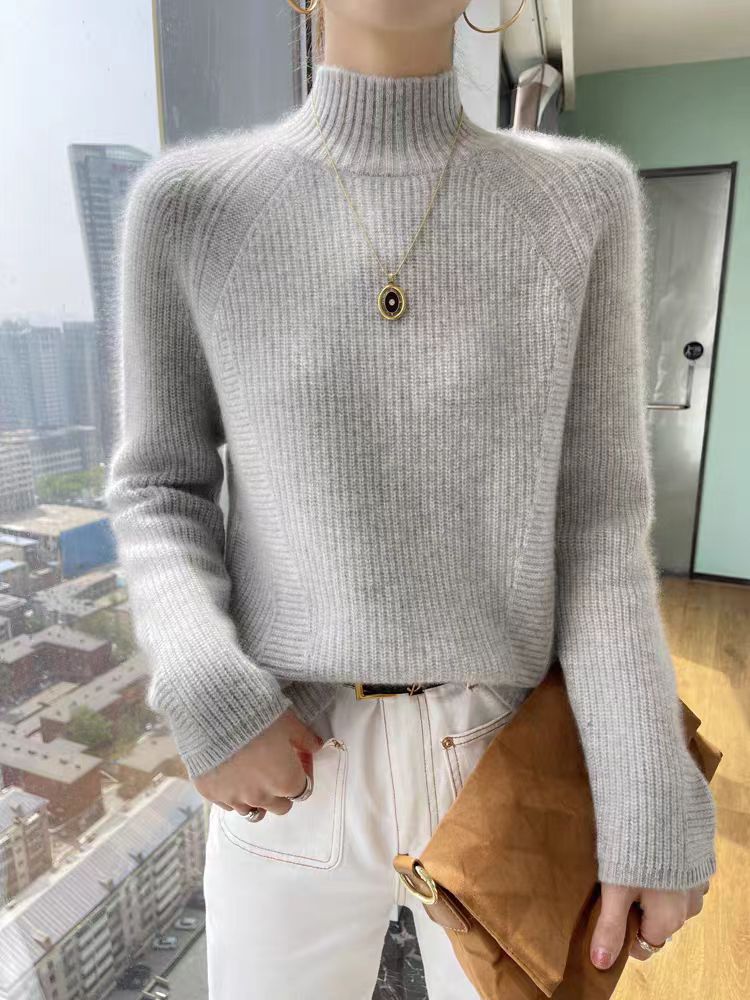 Damen Strickpullover mit hohem Kragen und feiner Rippstruktur Amawinc