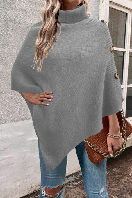 Damen Strick-Poncho mit hohem Kragen und Knopfdetails Amawinc