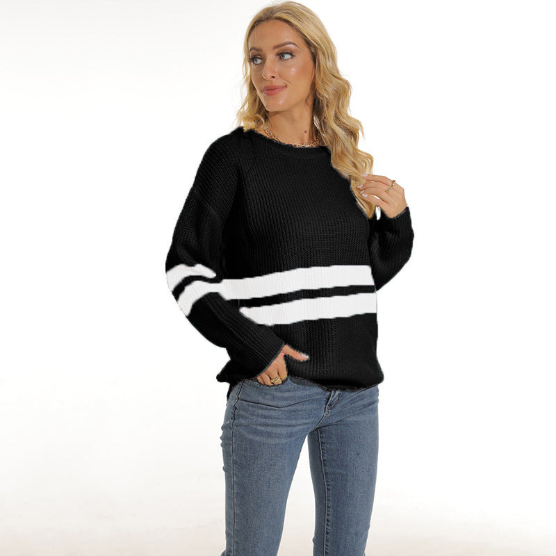 Damen Grobstrickpullover mit sportlichem Streifenmuster und lockerer Passform Amawinc