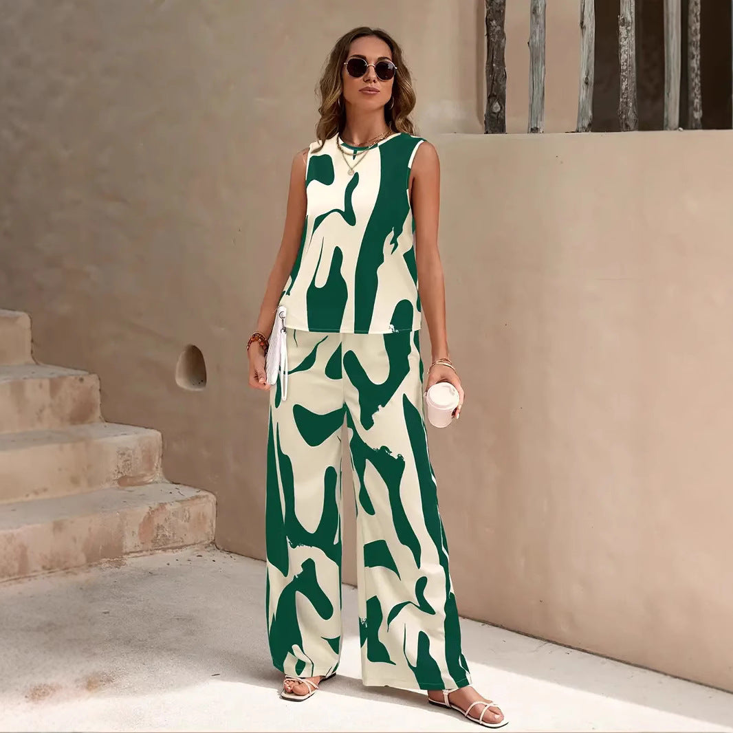 Ensemble Deux Pièces Femme Sans Manches Haut Respirant Et Pantalon Large Confortable