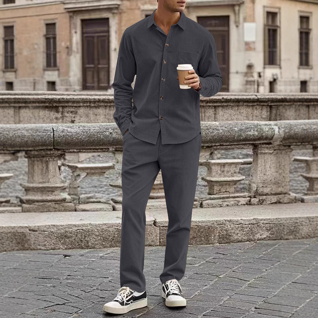 Ensemble Chemise Et Pantalon Homme En Velours Côtelé Décontracté Fermeture Boutons Style Nordique Casual