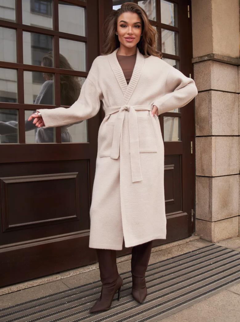 Damen Strickmantel mit Gürtel und praktischen Taschen Amawinc