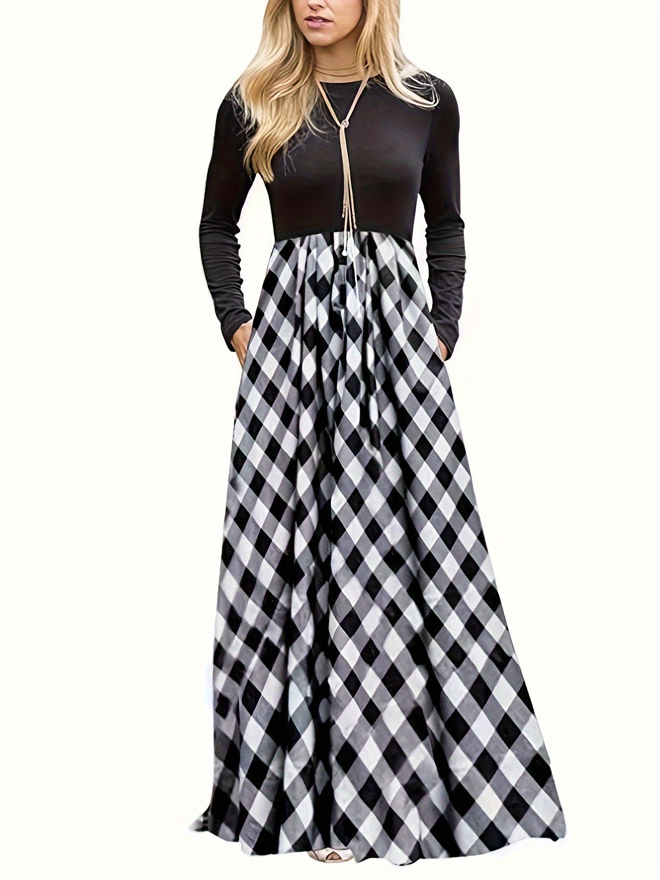 Damen Maxikleid mit modernem Karomuster und langen Ärmeln Amawinc