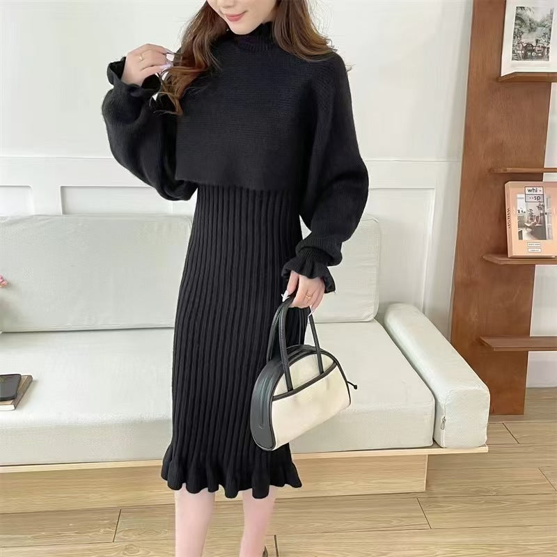 Damen Strickkleid mit hochgeschlossenem Kragen und Rippstruktur Amawinc