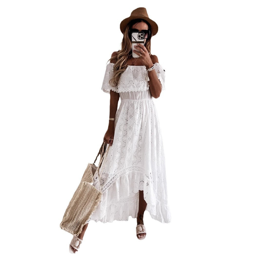 Amawinc Robe Femme Décolleté Bardot Dentelle Blanche Maxi Cintrée Ceinture Aérienne Pour Été Légère